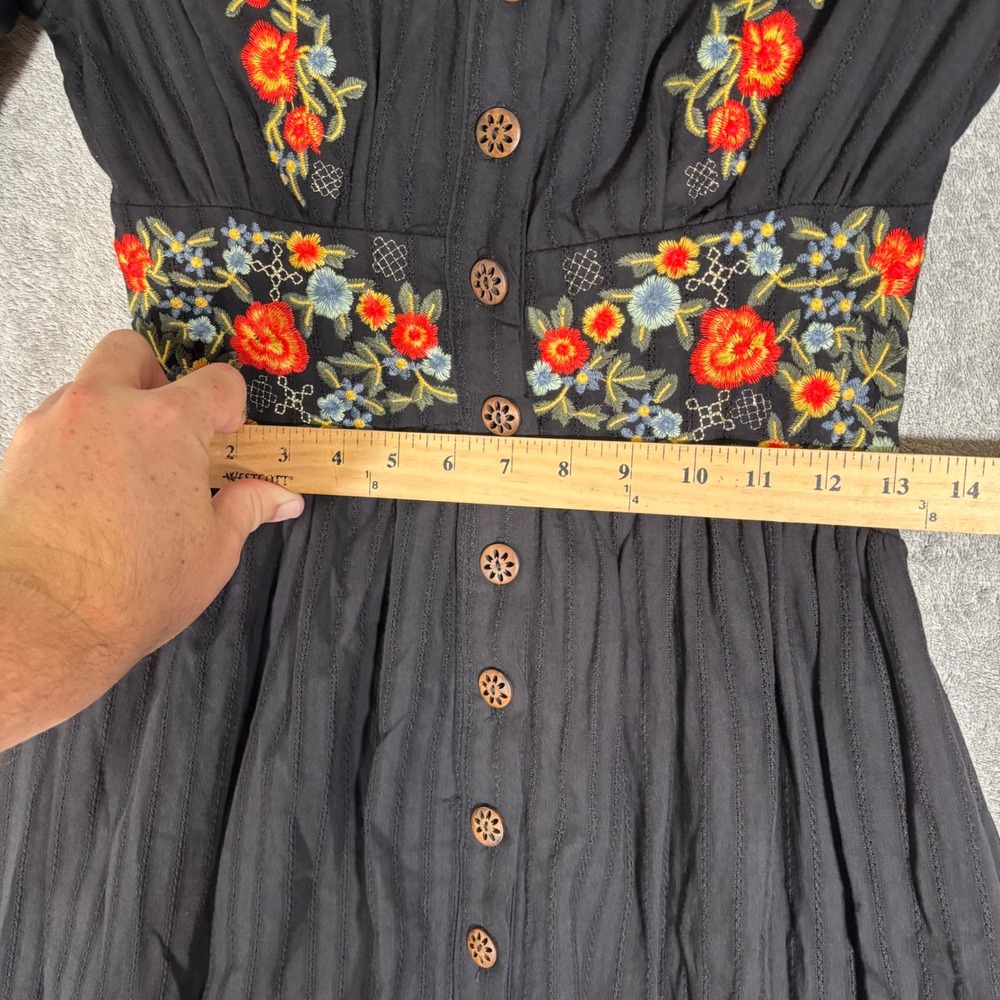 ROOLEE Black Floral Embroidered Cotton Button Front Midi Dress XXS NWT Cottage - Picture 11 of 14